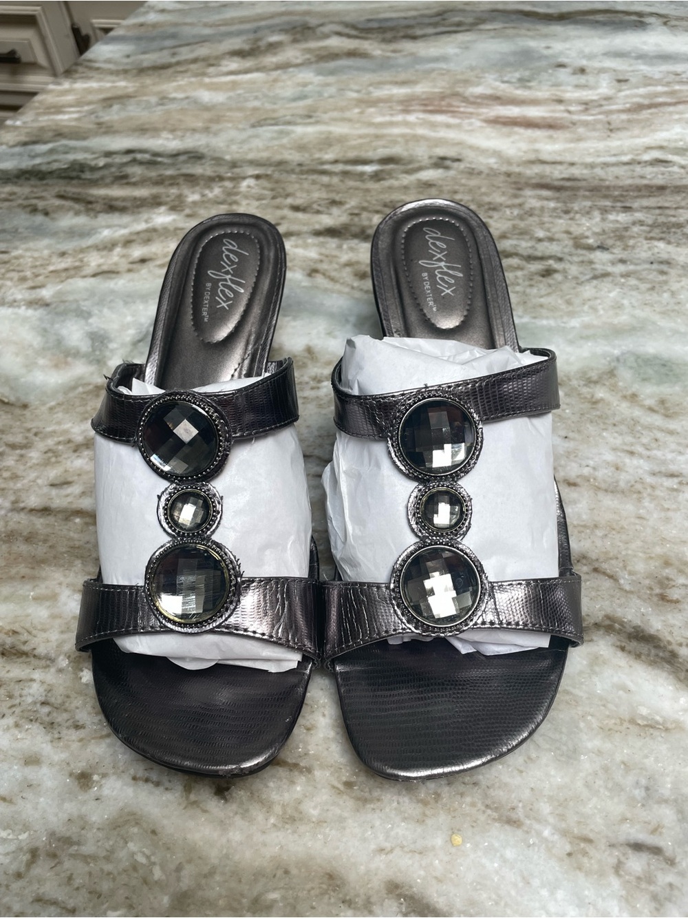 Dexflex comfort Metallic Gunmetal Slide Sandals with Gem Accents Size 8W